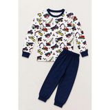 Velmora Fashion Erkek Çocuk Premium Penye Iş Makinesi Desenli Uzun Kollu Pijama Takımı 2-11 Yaş - Lacivert - 4 - 5 Yaş