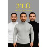 Velmora Fashion Erkek Fitilli Kazak Tam Boğazlı Balıkçı Yaka Triko 3'lü Set Beyaz-Gri-Siyah - Çok Renkli - 2XL