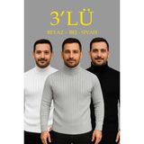 Velmora Fashion Erkek Fitilli Kazak Tam Boğazlı Balıkçı Yaka Triko 3'lü Set Beyaz-Gri-Siyah - Çok Renkli - XL