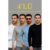 Velmora Fashion Erkek Fitilli Triko Bisiklet Yaka Kalın Kazak 4'lü Set Beyaz-Bebek Mavisi-Gri-Siyah - Çok Renkli