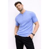 Velmora Fashion Erkek Kısa Kol Fitilli Triko T-Shirt Yazlık Hakim Yaka Tişört - Bebek Mavisi - 2XL