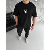 Velmora Fashion Erkek Kısa Kol Tişört Bisiklet Yaka Örümcek Baskılı Oversize T-Shirt - Siyah - XL