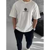 Velmora Fashion Erkek Kısa Kol Tişört Bisiklet Yaka Yonca Baskılı Oversize T-Shirt - Beyaz