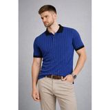 Velmora Fashion Erkek Polo Yaka Çizgili Tişört Kısa Kol Düğmeli Yazlık T-Shirt - Saks Mavisi - XL