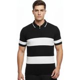 Velmora Fashion Erkek T-Shirt Çizgili Triko Kumaş Polo Yaka Yarım Fermuarlı Kısa Kol Tişört - Siyah - XL