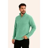 Velmora Fashion Erkek Yarım Fermuarlı Triko Kazak Selanik Örgü Dik Yaka Pamuklu Dokuma - Mint Yeşili - 2XL