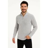 Velmora Fashion Erkek Yarım Fermuarlı Triko Kazak Selanik Örgü Dik Yaka Pamuklu Dokuma Regular Fit - Gri