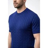 Velmora Fashion Erkek Yazlık Triko Dokuma Tişört Kısa Kol Bisiklet Yaka Örgü Desenli T-Shirt - Lacivert - 2XL