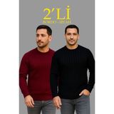 Velmora Fashion Fitilli Triko Kazak 2 Li Set - Siyah Bordo, Kalın Dokuma Pamuklu Regular Fit Bisiklet Yaka Uzun Kollu Rahat Kışlık Kazak Kombini - Siyah - Bordo