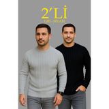 Velmora Fashion Fitilli Triko Kazak 2 Li Set - Siyah Gri, Kalın Dokuma Pamuklu Regular Fit Bisiklet Yaka Uzun Kollu Rahat Kışlık Kazak Kombini - Çok Renkli - 2XL