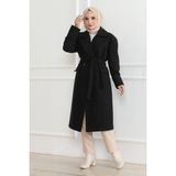 Velmora Fashion Kadın Kaşe Kaban Uzun Boy Kruvaze Yaka Kuşaklı Tesettür Kaban A Yünlü Dokuma - Siyah