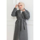 Velmora Fashion Kadın Kaşe Kaban Uzun Boy Kruvaze Yaka Kuşaklı Tesettür Kaşe Kaban A Yünlü - Gri