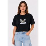 Velmora Fashion Kadın Kedi Baskılı Oversize Crop Tişört Salaş Basic Yarım Kol T-Shirt - Siyah - Mavi