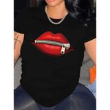 Velmora Fashion Kadın Kısa Kol Yazlık Tişört Bisiklet Yaka Dudak Baskılı T-Shirt - Siyah - XL