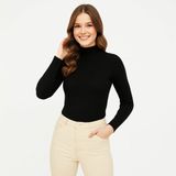 Velmora Fashion Kadın Tam Boğazlı Fitilli Likrali Koşkorse Badi - Siyah - M - L