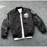 Velmora Fashion Siyah Askeri Tarz Bomber Mont - Unisex, Punisher Skull Detaylı - Dropsuz - XS