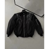 Velmora Fashion Unisex Siyah Bomber Mont - Beyaz Şimşek Desenli - Dropsuz - XS