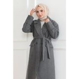 Velmora Fashion Velmora Premium Beli Kuşaklı Yünlü Dokuma Kaşmir Kaban - Gri