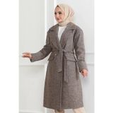 Velmora Fashion Velmora Premium Beli Kuşaklı Yünlü Dokuma Kaşmir Kaban - Vizon