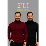 Velmora Fashion VF-Erkek Fitilli Triko Kazak 2'li Set Bordo Siyah Regular Balıkcı Yaka Tam Boğazlı Triko Seti Modeli Kazak