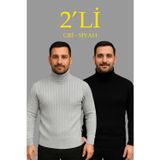 Velmora Fashion VF-Erkek Fitilli Triko Kazak 2'li Set Gri Siyah Regular Balıkcı Yaka Tam Boğazlı Triko Seti Modeli Kazak