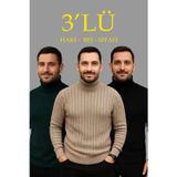 Velmora Fashion VF-Erkek Fitilli Triko Kazak 3'lÜ Set Bej Haki Siyah Regular Balıkcı Yaka Tam Boğazlı Triko Seti Modeli Kazak