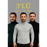 Velmora Fashion VF-Erkek Fitilli Triko Kazak 3'lÜ Set Gri Haki Siyah Regular Balıkcı Yaka Tam Boğazlı Triko Seti Modeli Kazak
