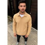 Velmora Fashion VF-Fitilli Polar Sweatshirt – Düğmesiz Polo Yaka, Oversize Rahat Kalıp, Kalın Polar Kumaş, Kışlık ve Baharlık Şık Günlük Üst - Bej