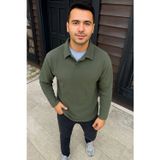 Velmora Fashion VF-Fitilli Polar Sweatshirt – Düğmesiz Polo Yaka, Oversize Rahat Kalıp, Kalın Polar Kumaş, Kışlık ve Baharlık Şık Günlük Üst - Haki