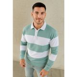 Velmora Fashion VF-Polo Yaka Uzun Kollu Çizgili Sweatshirt Trend Rugby Stil - Çağla Yeşili
