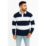 Velmora Fashion VF-Polo Yaka Uzun Kollu Çizgili Sweatshirt Trend Rugby Stil - Lacivert