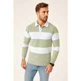 Velmora Fashion VF-Polo Yaka Uzun Kollu Çizgili Sweatshirt Trend Rugby Stil - Mint Yeşili