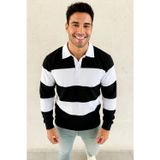 Velmora Fashion VF-Polo Yaka Uzun Kollu Çizgili Sweatshirt Trend Rugby Stil - Siyah