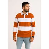 Velmora Fashion VF-Polo Yaka Uzun Kollu Çizgili Sweatshirt Trend Rugby Stil - Turuncu