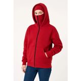 Velmora Fashion VF-Samuray Ninja Çift Kapşonlu ZIP Fermuarlı Kanguru Çepli Hoodie Maske detaylı sweatshirt - Kırmızı