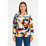 Velmora Fashion VF-Yarım Fermuarlı Desenli Polar Sweat – Renkli Abstract Desen Yakalı, Uzun Kollu, Oversize Rahat Kalıp - Beyaz -