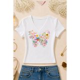Velostra Kadın Basic Günlük Kullanım Kelebek Baskılı V Yaka Dar Kalıp T-Shirt