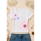 Velostra Kadın Çiçek Baskılı Basic Günlük Kullanım V Yaka Dar Kalıp Likralı T-Shirt