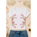 Velostra Kadın Lale Çiçek Baskılı Basic Günlük Kullanım V Yaka Dar Kalıp T-Shirt