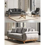 Velura Home & Living Azir Koltuk Takımı & Bazalı Yataklı Koltuk Takımı - Nubuk Bukle Kumaş - Antrasit - 3+1 (Gri)