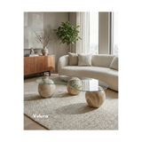 Velura Home & Living Bohem Top Sehpa & Fasülye Şeffaf Cam Küre Orta Sehpa - Traverten Mermer Desen