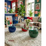 Velura Home & Living Küre Orta Sehpa - 1 Yeşil Top & 1 Kırmızı Top & 1 Mavi Top - Fasulye - Şeffaf Cam - Dopamin - Renkli Şeffaf