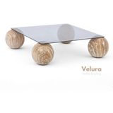 Velura Home & Living Modern Orta Sehpa & Küre Sehpa & Top Sehpa & Füme Kare Cam & 4 Traverten Top - Traverten Mermer - Kare Füme