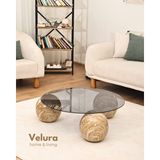 Velura Home & Living Modern Orta Sehpa & Küre Sehpa & Top Sehpa & Füme Yuvarlak Cam & Treverten Mermer - Traverten Mermer - Yuvarlak Füme