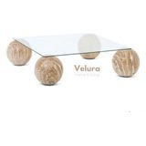 Velura Home & Living Modern Orta Sehpa & Küre Sehpa & Top Sehpa & Şeffaf Kare Cam & 4 Traverten Top - Traverten Mermer - Kare Şeffaf
