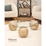 Velura Home & Living Modern Orta Sehpa & Küre Sehpa & Top Sehpa & Şeffaf Üçgen Cam & Treverten Mermer - Traverten Mermer - Üçgen Şeffaf