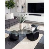 Velura Home & Living Modern Orta Sehpa & Top Sehpa Cam Sehpa & Küre Orta Sehpa - 2 Siyah Top & 1 Siyah Zar - Fasulye - Şeffaf Cam - 2ST1SZ - Fasulye Şeffaf