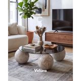 Velura Home & Living Modern Orta Sehpa & Top Sehpa Cam Sehpa & Küre Orta Sehpa - Pleks Mermer Desen Top - Yuvarlak - Füme Cam - Pleks Mermer - Yuvarlak Füme