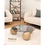 Velura Küre Orta Sehpa - Traverten Mermer Top - Yuvarlak - Füme Cam