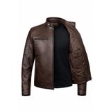 VELZANA Erkek Kuzu Derisi Deri Ceket Kahverengi – Slim Fit, Fermuarlı, Kapitone Omuz Detay